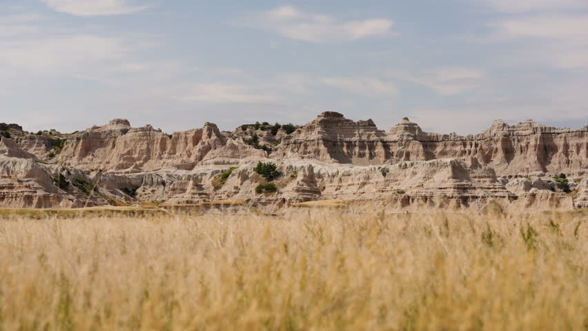 Gentle prairie grass swaying in soft breeze overlooking wide Badlands terrain, calm natural scenery, layered rock formations under open sky, peaceful wilderness atmosphere and quiet travel landscape moment