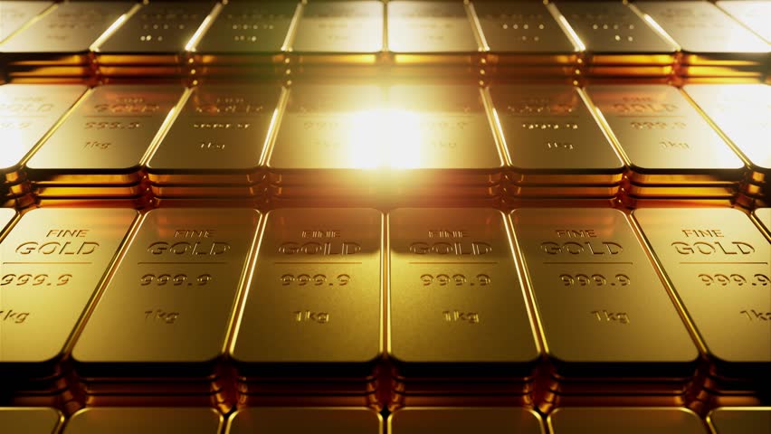Endless Row of Many Gold Bars in a Seamless Loop.