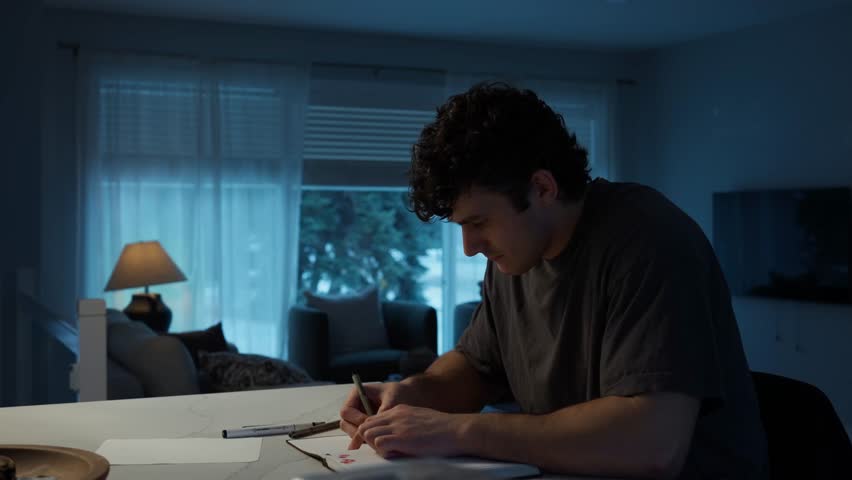 Man drawing in a notebook at a table in a softly lit living room