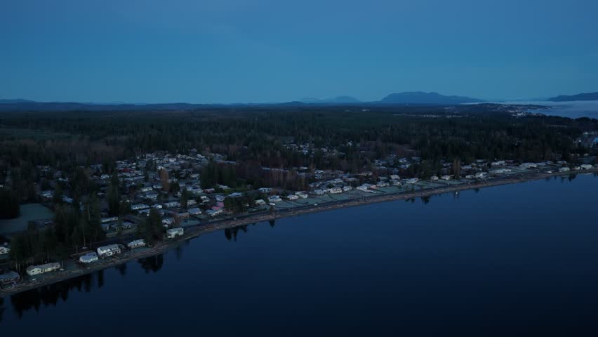 Coastal City Of Campbell River At Dawn In British Columbia, Canada. Aerial Shot