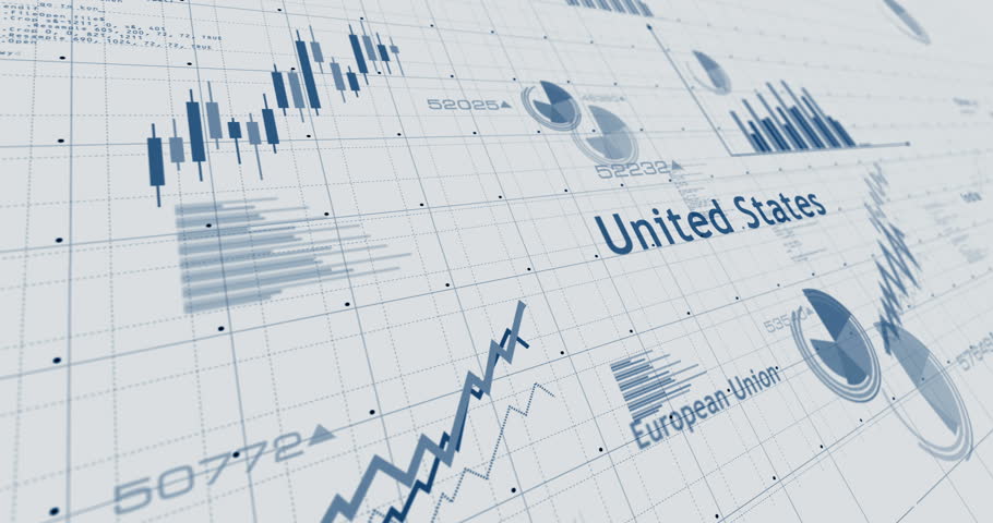 USA EU China India charts and graphs diagram seamless and loopable on paper 3d concept animation