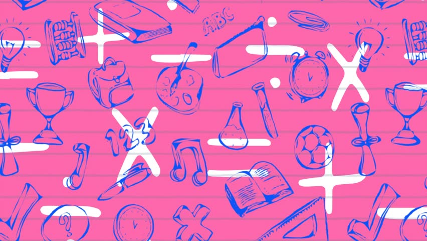 Animation of welcome back school text over school items icons. Back to school and education concept.