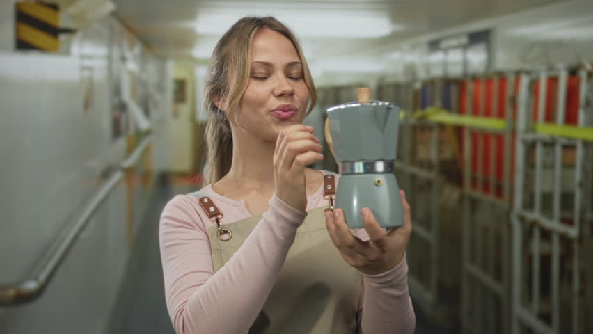 Woman holding coffee pot and pointing at pot in cruise ship corridor; enjoyment hospitality leisure.