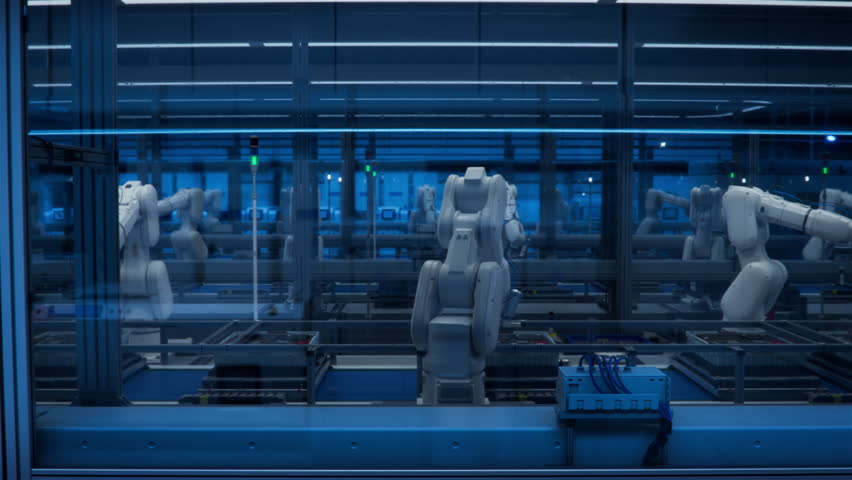3D Animation: Side view of an Automated Production Line with Robotic Arms. Concept: Lights out Assembly Line with Autonomous Industrial Robot Arms on a Smart Dark Factory. Manufacturing Process Automation