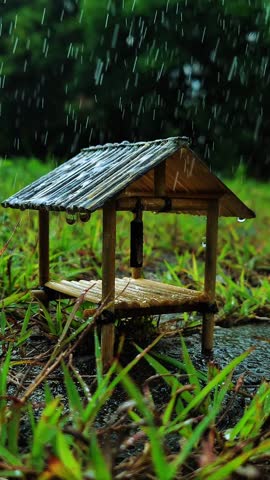 A small wooden hut in the meadow, with a rainy atmosphere, symbolizes tranquility, solitude, and a natural outdoor lifestyle.