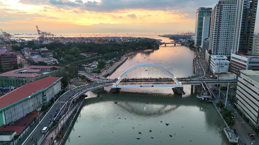 Cinematic Sunset Aerial of Binondo, Manila, Philippines