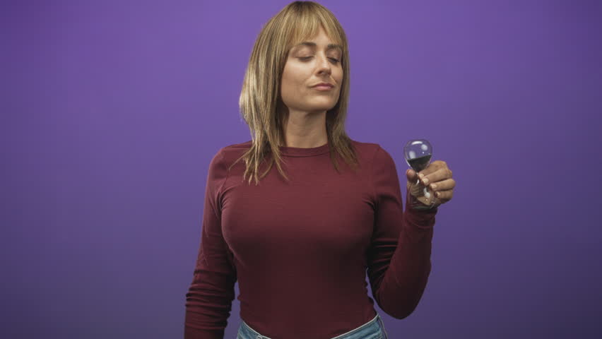 Woman middle aged hispanic blonde holds small hourglass in right hand near chest, squinting and grimacing while turning the sand in studio; playful impatience.