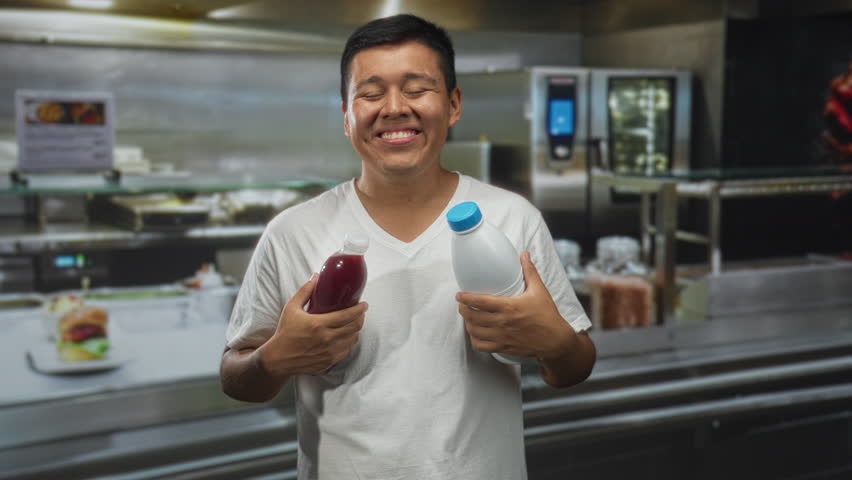 Man holding two bottles to chest in a kitchen building, wearing white t shirt with eyes closed; contentment.