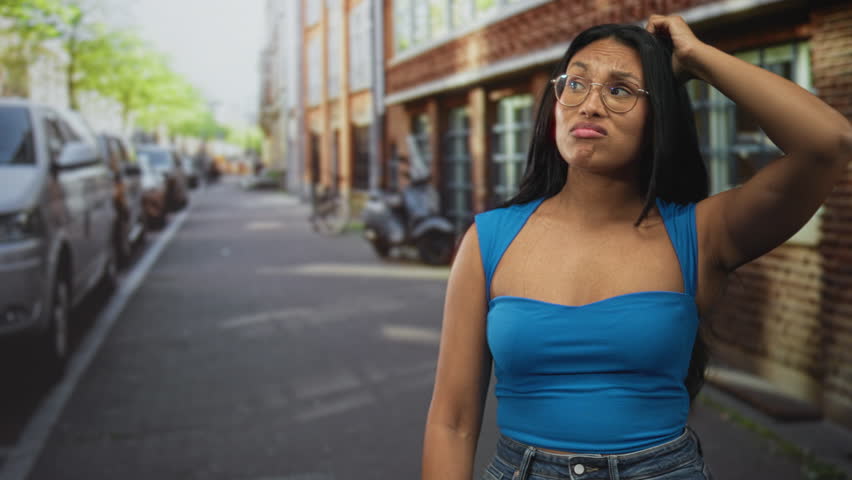 Woman touching head with exposed shoulder wearing glasses and blue top on a street by parked cars and brick building; confusion doubt.