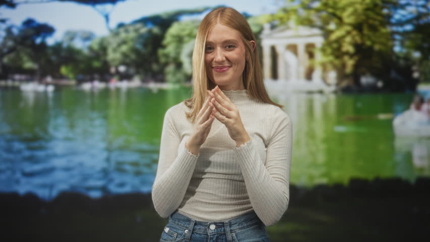 Redhead woman smiling with fingers steepled in front of a green lake and classical pavilion, wearing a light sweater and jeans in a park; serenity.