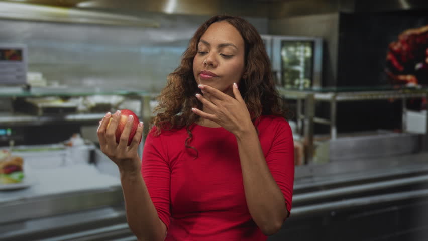 Young african american woman holding an apple, finger on chin, wearing red top by stainless counter in a kitchen building; contemplation.