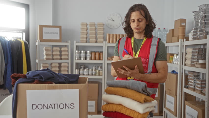 Man writing on clipboard with pen while sorting donated clothes and standing by a donations box in a volunteer building; compassion service.