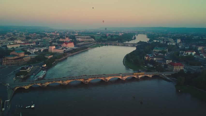 Aerial view of a tram crossing the Augustus Bridge over the Elbe River in Dresden