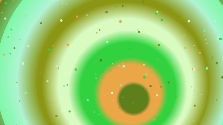 Green and orange circular abstract design with multicolored specks on a white background.
