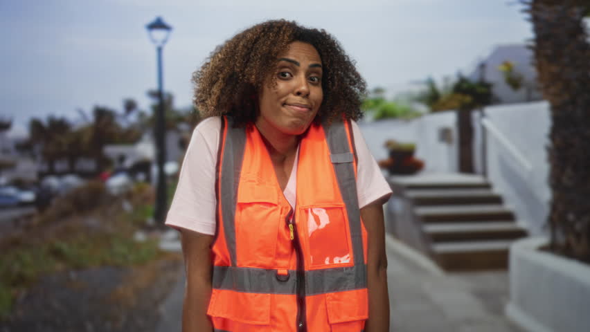 Woman in orange safety vest shrugs shoulders on street stairway beside lamppost and palm tree; fieldwork uncertainty.