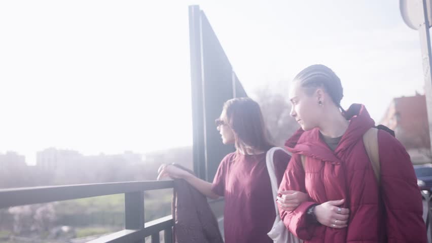 Lesbian couple hugging and watching a sunset together