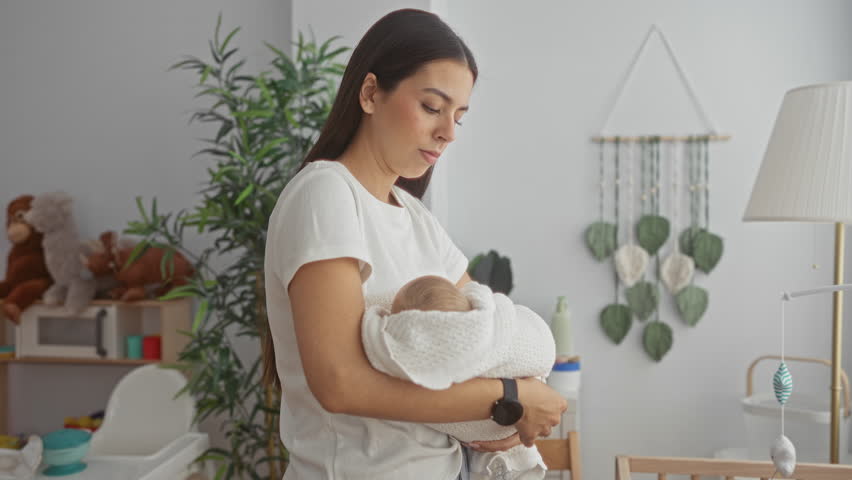 Woman cradling baby in bedroom beside cradle and mobile, leaning over changing table by bright window; tenderness bonding.