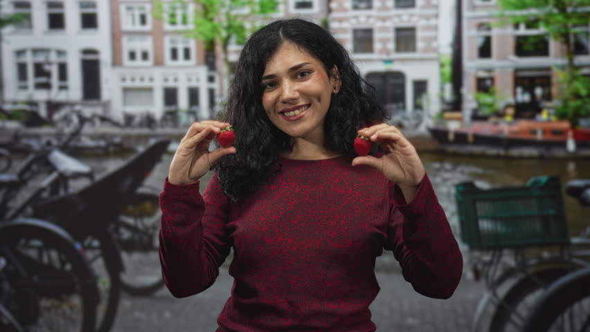 Woman young brunette holding two strawberries with bare hands and smiling on a street in amsterdam; playful joy.