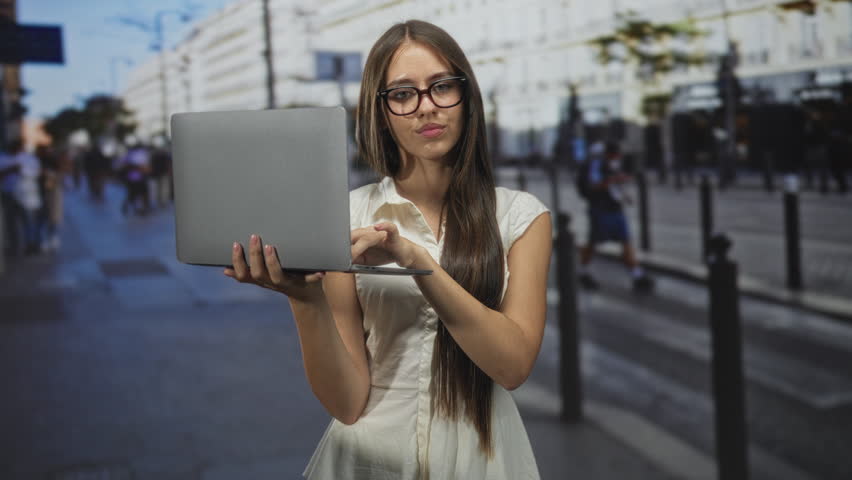Teen girl in white dress wearing glasses holds a laptop with left hand and types with right fingers on the keyboard while standing on a busy street near a bus and pedestrians; concentration.