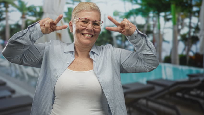 Woman showing peace signs with both hands at an outdoor pool by building with loungers and palm tree; joy vacation fun.