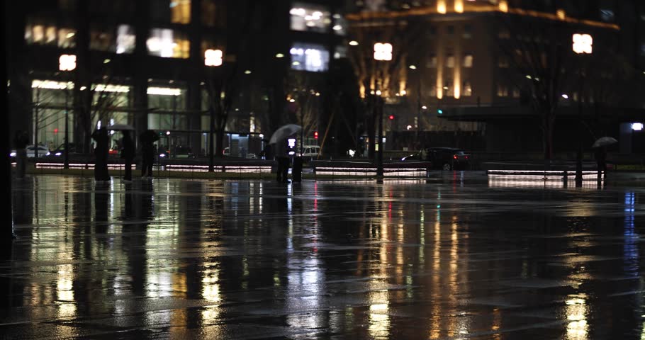 A night cityscape of the rainy urban street at the business town in Tokyo
