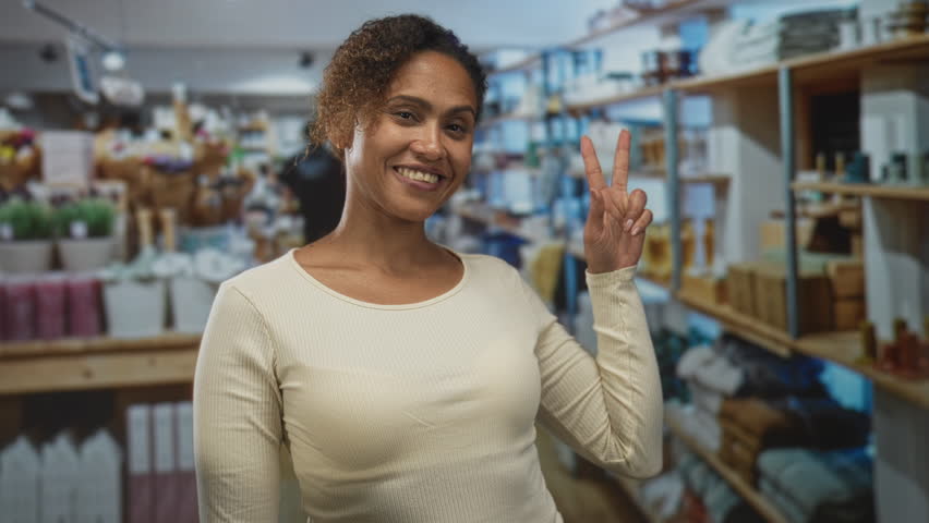 Woman showing peace sign with hand while browsing in a home decor shop aisle; joyful friendly moment.