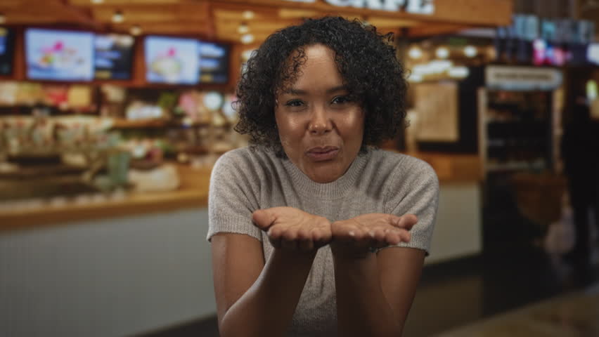 Young woman with curly hair holds cupped hands at chest level in a brightly lit restaurant; friendly warmth.