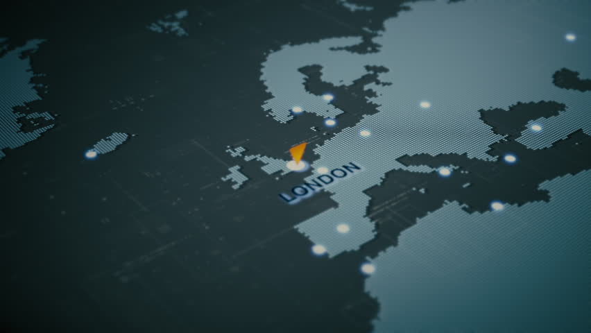 Global business network map with glowing data connections, worldwide connectivity, logistics routes, cybersecurity protection, secure communication, cloud infrastructure, big data technology background - London, England