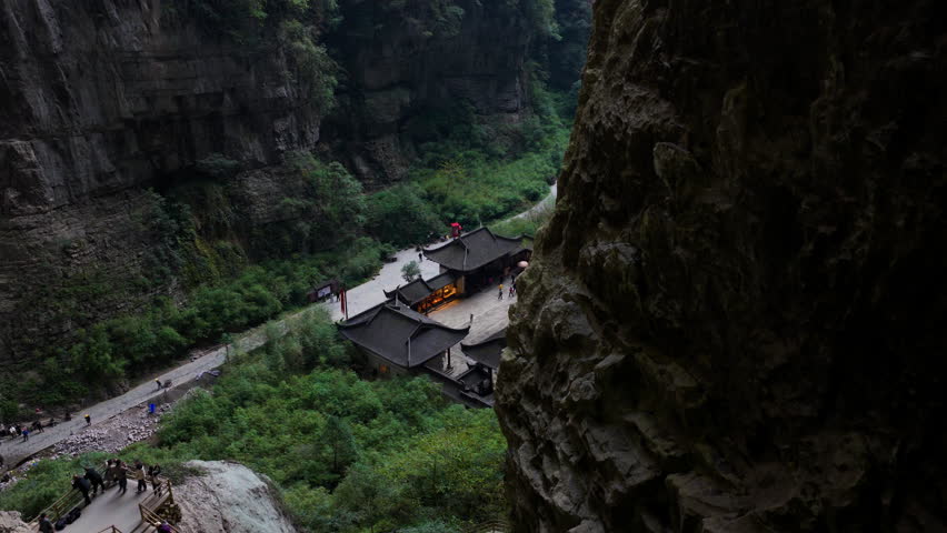 Ancient-style Temple Complex At Wulong Three Natural Bridges In China. - aerial shot