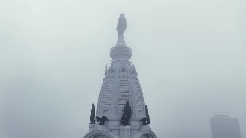 Aerial approach to William Penn statue atop Philadelphia City Hall, emerging through dense fog. Cinematic winter atmosphere with iconic landmark barely visible above downtown. Close up.