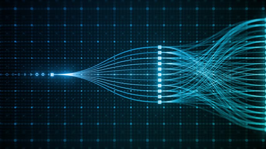 Blue binary code funnel with data grid horizon. Server processing, machine code and computing power concept