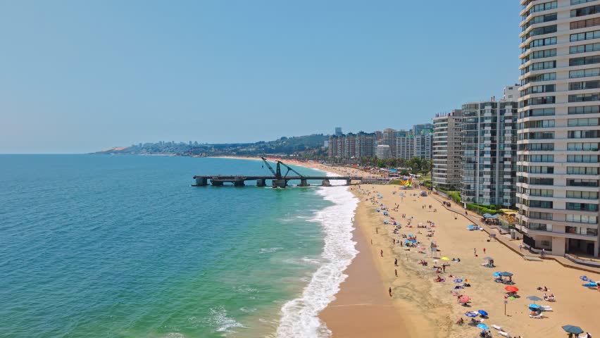 Aerial view of the Vergara Pier in the tourist city of Viña del Mar on a sunny and clear day, Chile