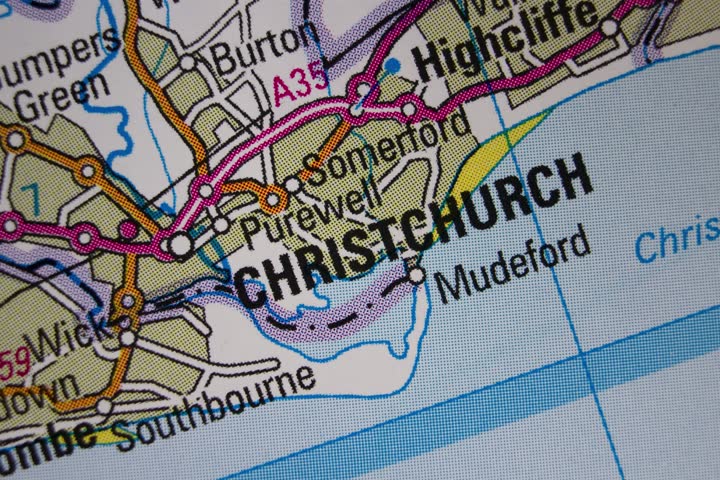 Christchurch - United Kingdom colour atlas map town name of the area zoom in.