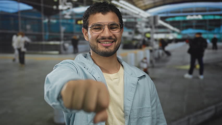 Man smiling in light blue jacket with glasses raising fist at busy airport terminal; confidence optimism.