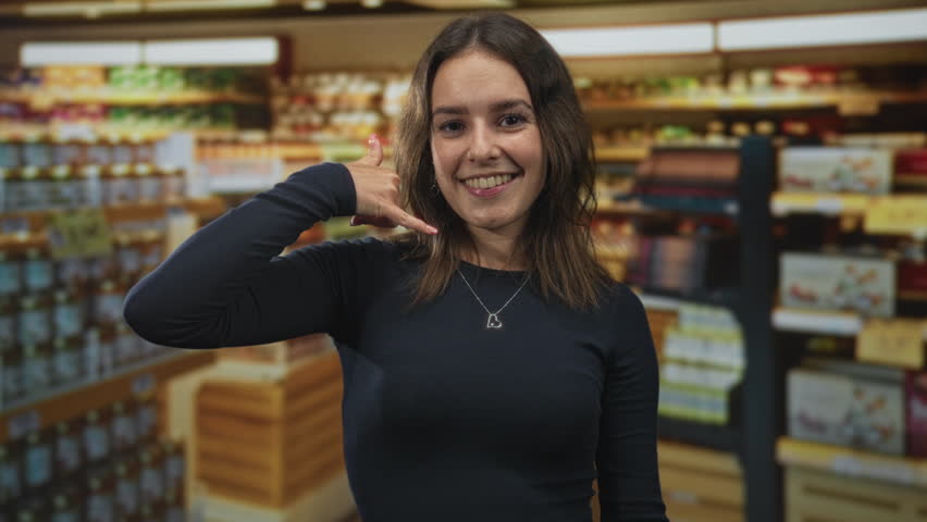 Woman showing call me hand gesture with visible hand and heart necklace in supermarket aisle inside a building; cheerful invitation.