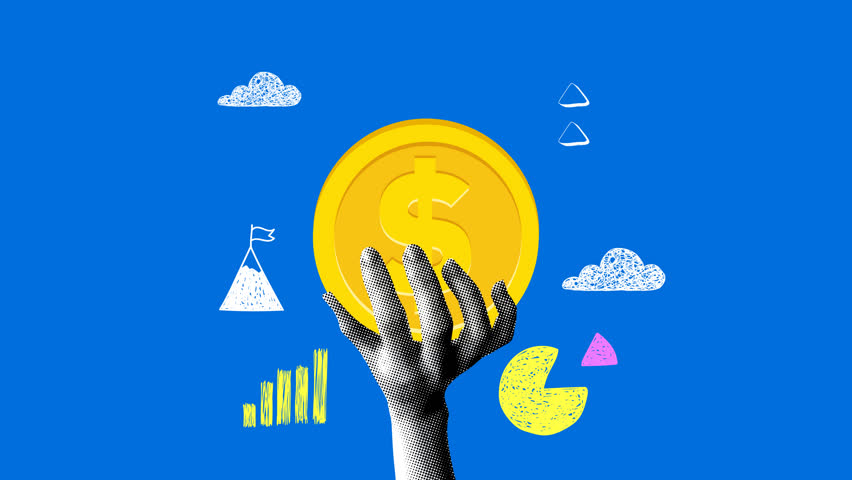 Hand picks up a dollar cent. Concept of financial success. Business charts and graphs. Financial power and leadership. Making money. Strong dollar. Rising exchange rates. Halftone collage animation