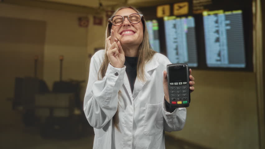 Woman in white coat holding a payment terminal and crossing fingers at airport checkin with departure board visible; hopeful luck.