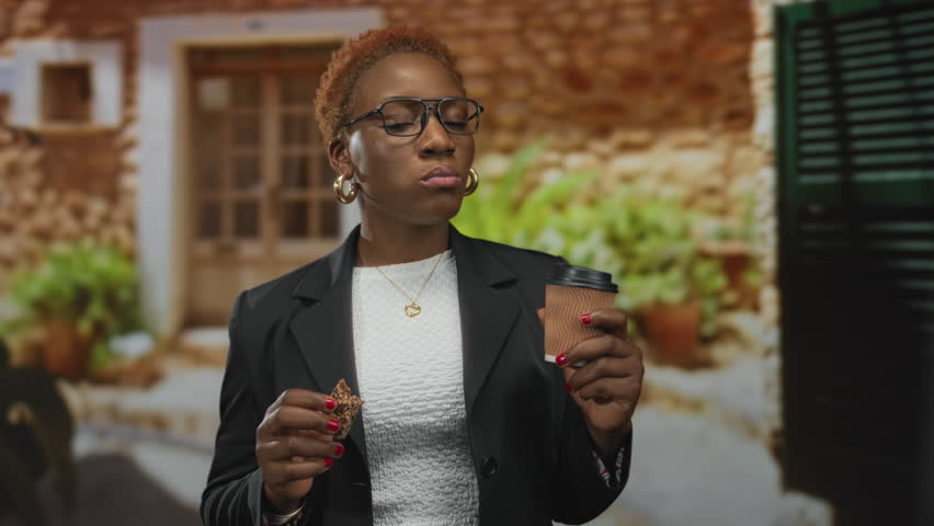 Woman with glasses and hoop earrings bites cookie and holds coffeecup at building entrance; morning enjoyment.