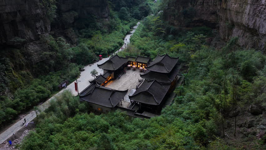 Ancient Tianfu Official Station At Wulong Three Natural Bridges In China. - aerial shot