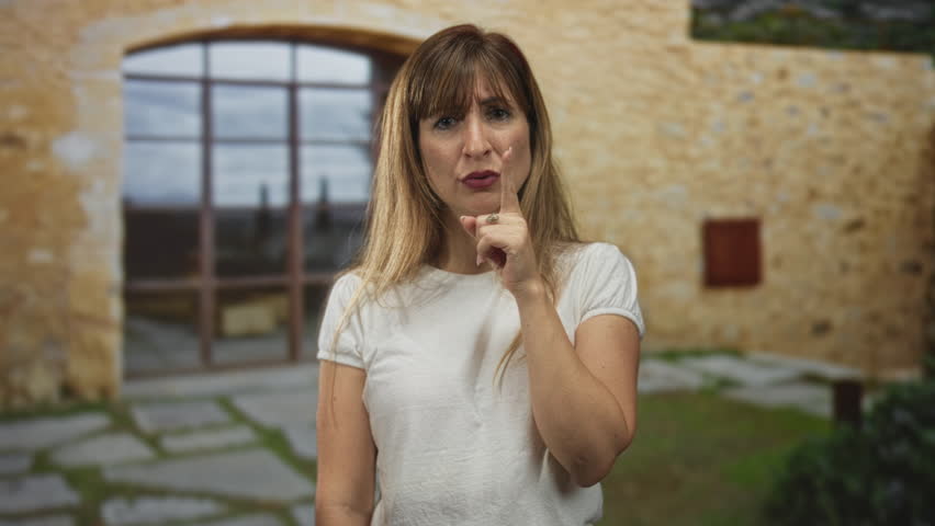 Woman with index finger to lips for silence at house entrance outdoors by stone doorway; silence secrecy calm.