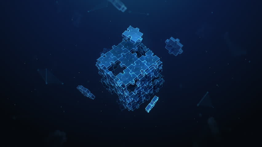 Lowpoly Jigsaw Puzzle Pieces Assembling to a Cube Spinning on the Corner - Animation Loop. Problem solving, synergy partnership, blockchain business solution animated looped concept on blue background