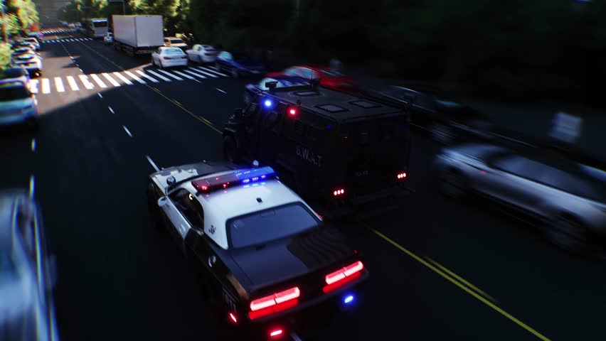 An swat police driving fast on a city street. Realistic 4k animation.