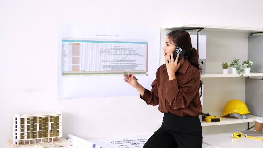 Construction consultant working in construction site office monitoring master schedule s curve chart and communicates on smartphone in an office. Engineer, Architectural concept.