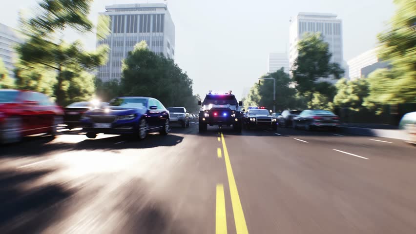 An swat police driving fast on a city street. Realistic 4k animation.