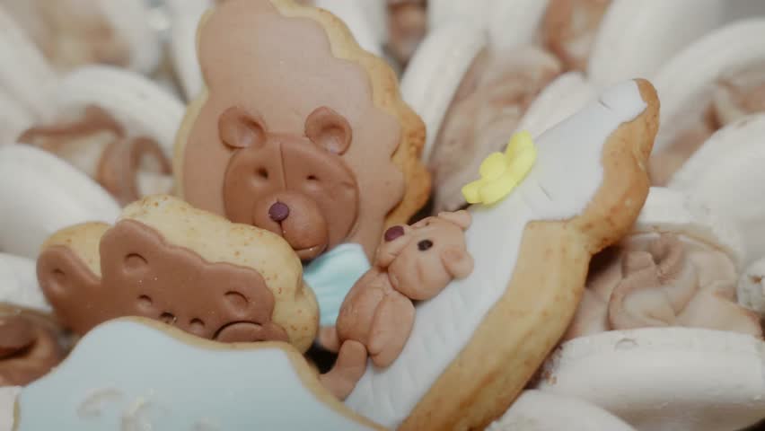 Close-up of bear-shaped cookies, part of a candy bar