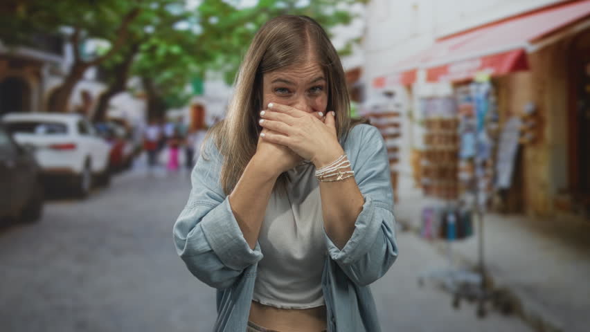 Woman in denim shirt covering mouth with both hands on street lined with shops and parked cars; surprise.