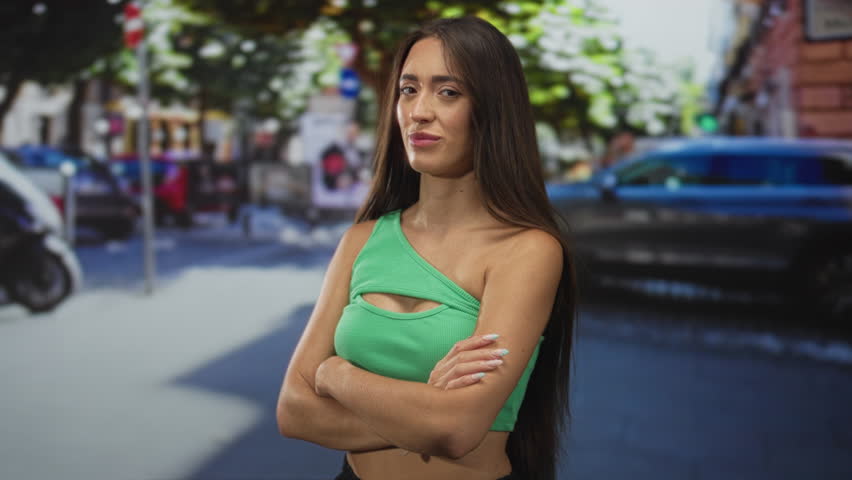 Woman with crossed arms and tongue out showing bare shoulder in green crop top on a busy street with cars and pedestrians; playful defiance.