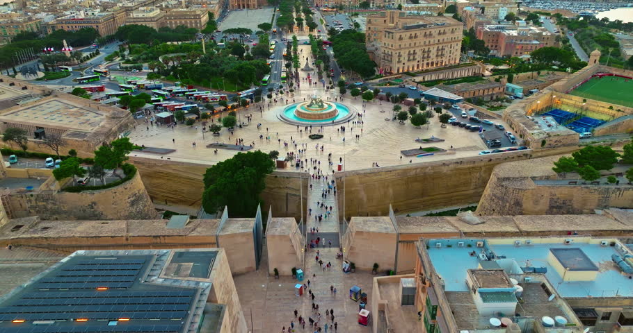 Aerial view of the capital city of Malta at sunset, main entrance and the entire island, Valletta, Malta
