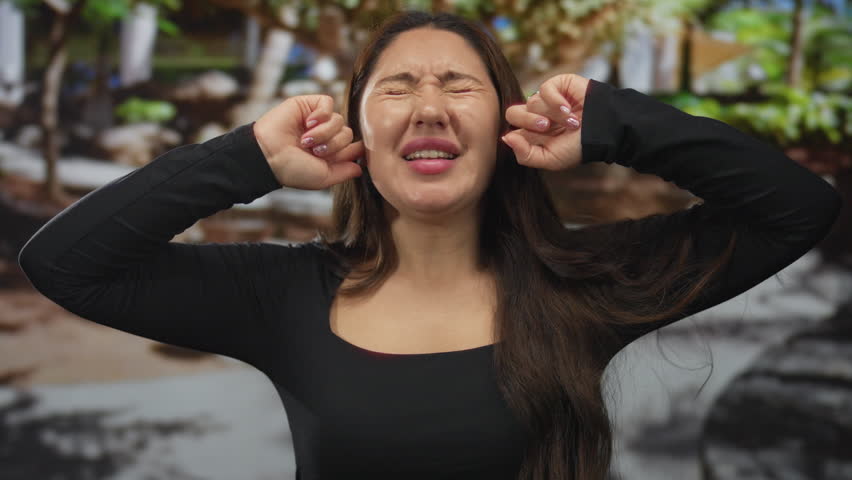 Young hispanic woman plugs ears with fingers in lush green park surrounded by blurred trees and sunlight overhead; annoyance.