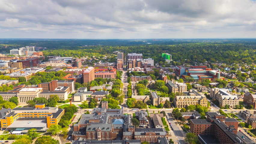 Ann Arbor, Michigan, USA college town skyline in the afternoon.